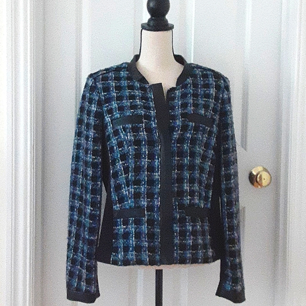 Karl Lagerfeld Paris Tweed Zip Front Jack with Faux Leather Detail Size 12